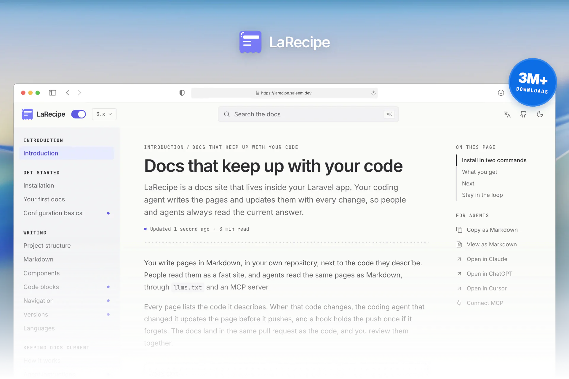 The LaRecipe docs site in a browser: the sidebar, this Introduction page, and the panel of actions for agents, such as Copy as Markdown and Connect MCP. A badge on the window reads 3M+ downloads.